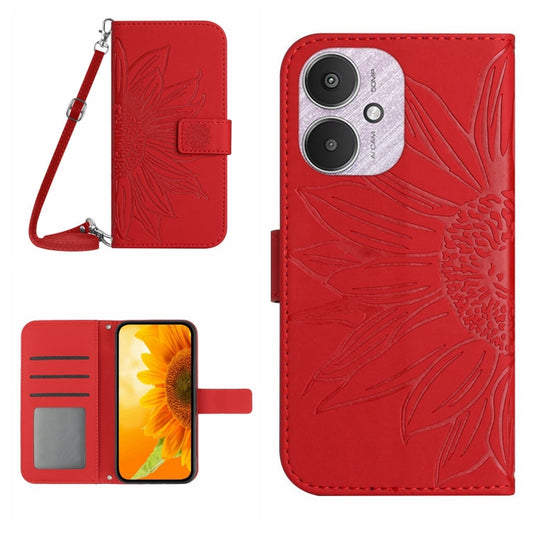 For Xiaomi Redmi 13C 5G Skin Feel Sun Flower Embossed Flip Leather Phone Case with Lanyard(Red) by buy2fix