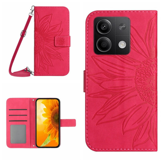For Xiaomi Redmi Note 13 4G Global Skin Feel Sun Flower Embossed Flip Leather Phone Case with Lanyard(Rose Red) - Xiaomi Cases by buy2fix | Online Shopping UK | buy2fix