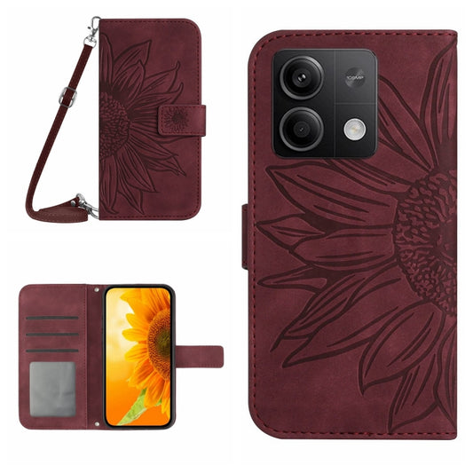 For Xiaomi Redmi Note 13 4G Global Skin Feel Sun Flower Embossed Flip Leather Phone Case with Lanyard(Wine Red) - Xiaomi Cases by buy2fix | Online Shopping UK | buy2fix