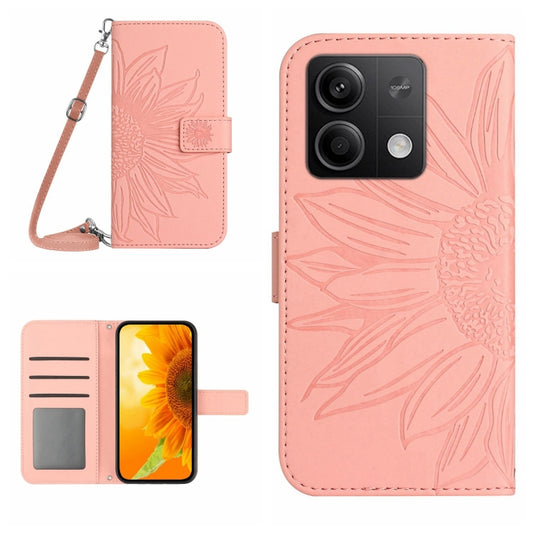 For Xiaomi Redmi Note 13 4G Global Skin Feel Sun Flower Embossed Flip Leather Phone Case with Lanyard(Pink) - Xiaomi Cases by buy2fix | Online Shopping UK | buy2fix