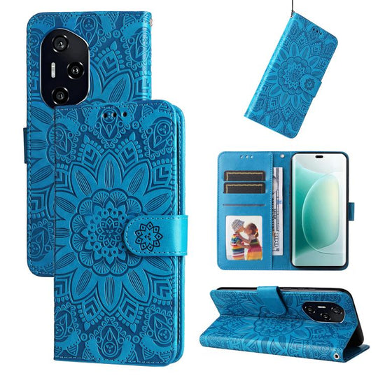 For Honor 400 Global 156.5mm Embossed Sunflower Leather Phone Case(Blue)