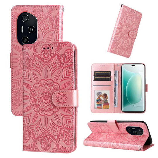 For Honor 400 Global 156.5mm Embossed Sunflower Leather Phone Case(Rose Gold)