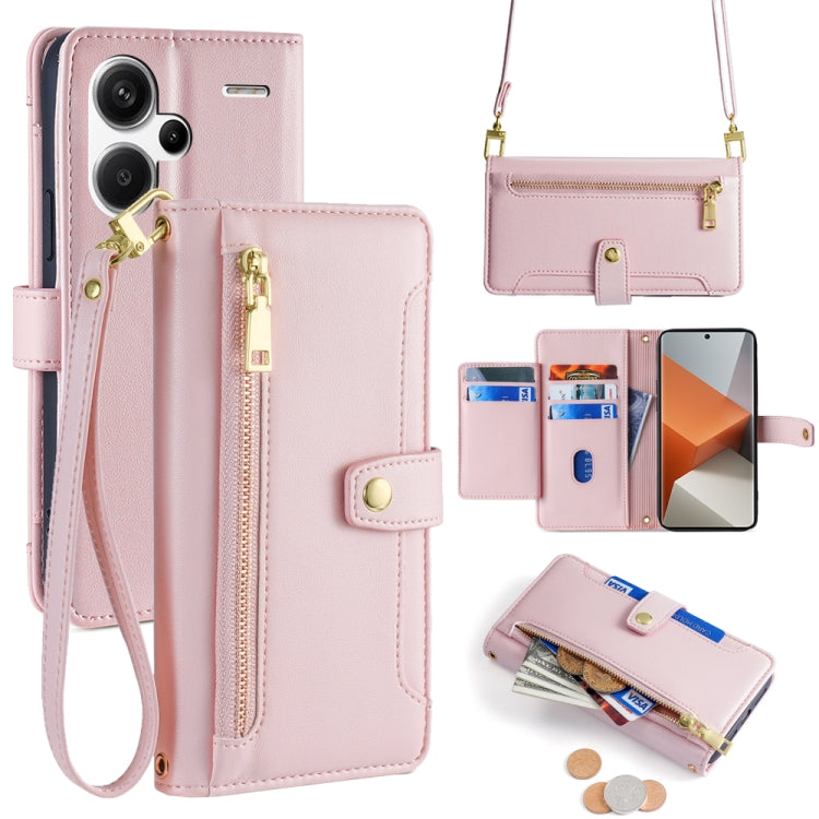 For Xiaomi Redmi Note 13 Pro+ 5G Sheep Texture Cross-body Zipper Wallet Leather Phone Case(Pink) - Xiaomi Cases by buy2fix | Online Shopping UK | buy2fix