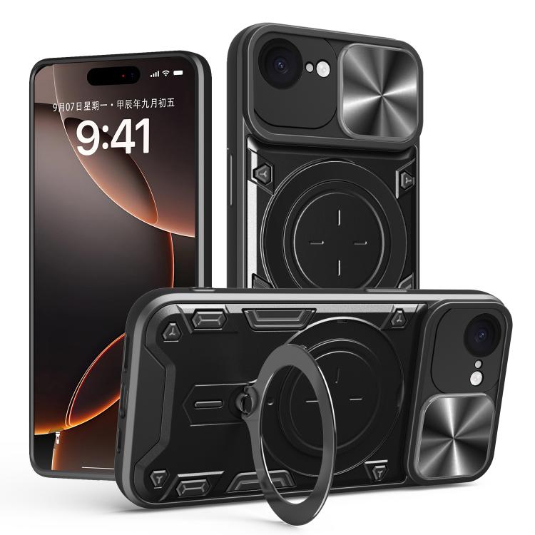For iPhone 16e CD Texture Sliding Camshield Magnetic Holder Phone Case(Black) - iPhone 16e Cases by buy2fix | Online Shopping UK | buy2fix