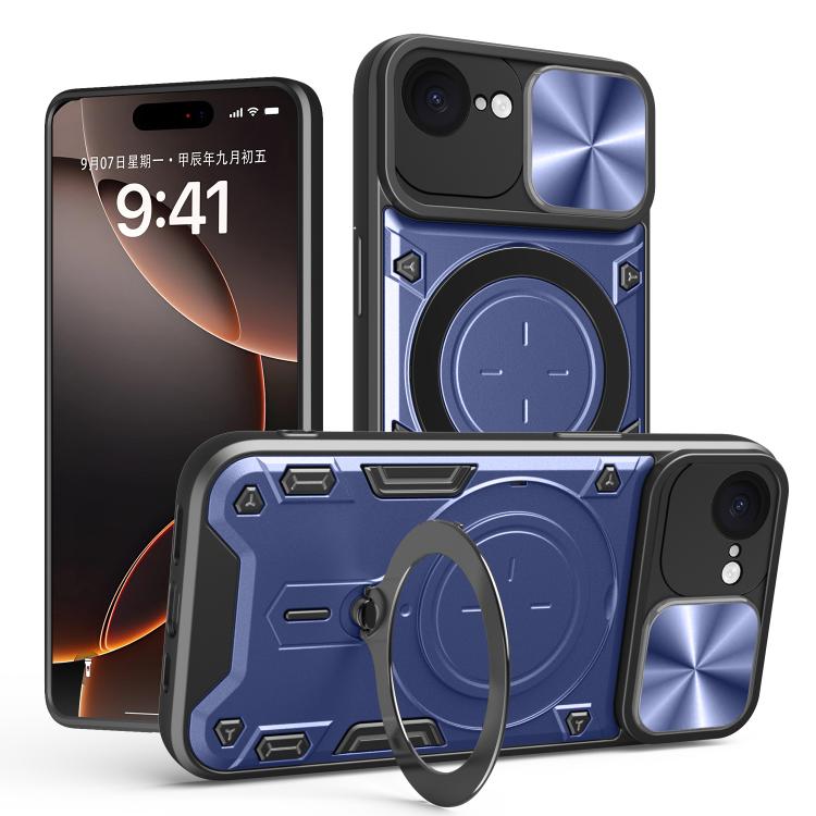 For iPhone 16e CD Texture Sliding Camshield Magnetic Holder Phone Case(Blue) - iPhone 16e Cases by buy2fix | Online Shopping UK | buy2fix