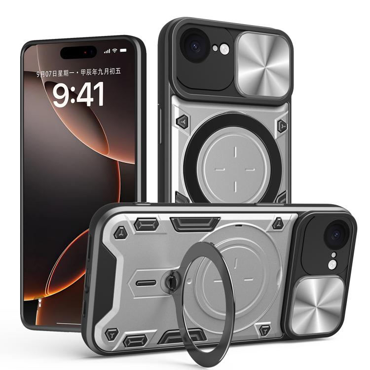 For iPhone 16e CD Texture Sliding Camshield Magnetic Holder Phone Case(Silver) - iPhone 16e Cases by buy2fix | Online Shopping UK | buy2fix
