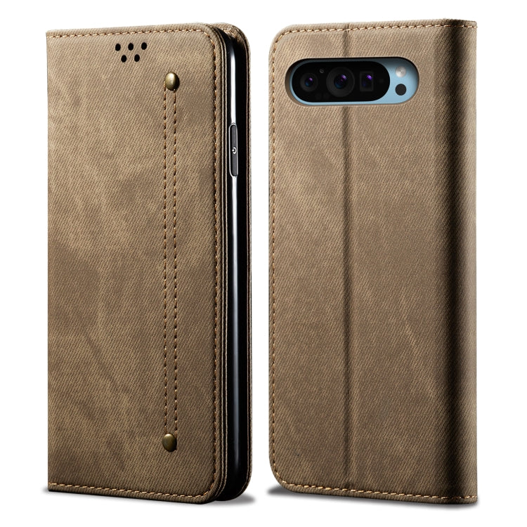 For Google Pixel 9 / 9 Pro Denim Texture Casual Style Horizontal Flip Leather Case(Khaki) by buy2fix
