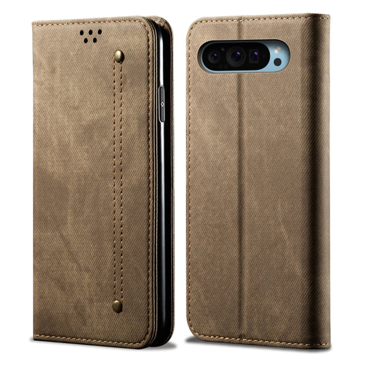 For Google Pixel 9 / 9 Pro Denim Texture Casual Style Horizontal Flip Leather Case(Khaki) by buy2fix