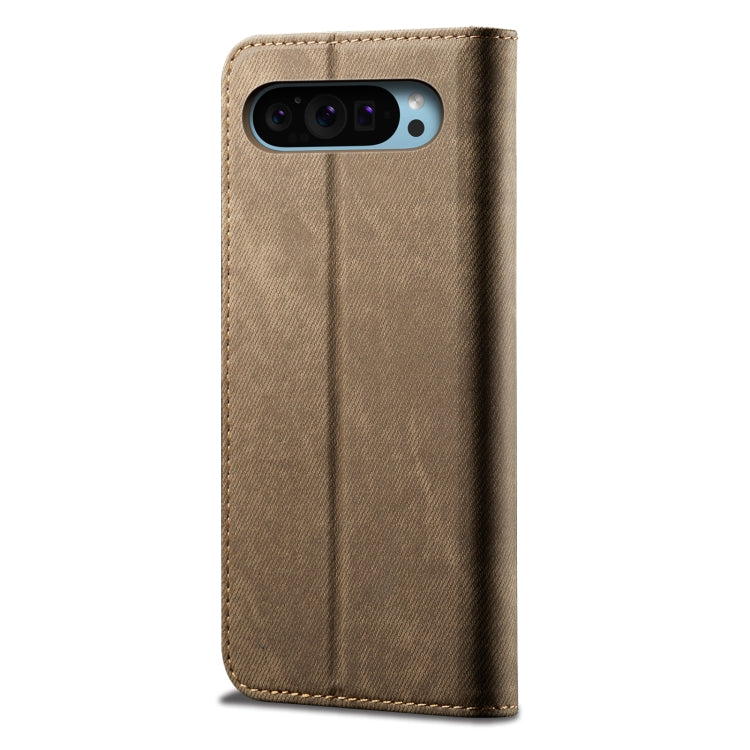 For Google Pixel 9 / 9 Pro Denim Texture Casual Style Horizontal Flip Leather Case(Khaki) by buy2fix