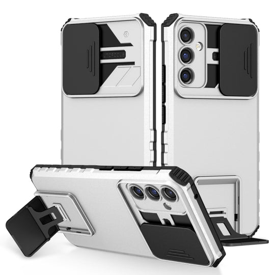 For Samsung Galaxy A34 5G Stereoscopic Holder Sliding Camshield Phone Case(White)