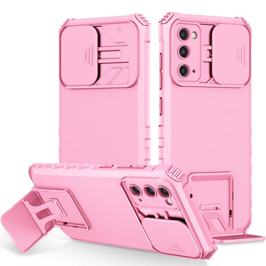 For Samsung Galaxy S20 FE Stereoscopic Holder Sliding Camshield Phone Case(Pink) by buy2fix