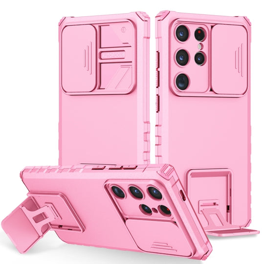 For Samsung Galaxy S24 Ultra 5G Stereoscopic Holder Sliding Camshield Phone Case(Pink)