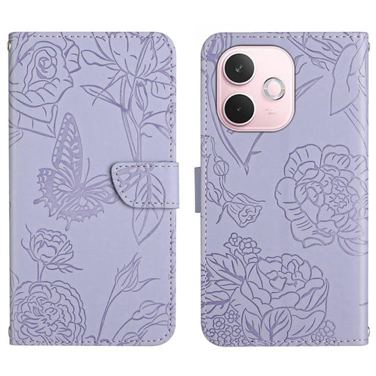 For OPPO A5 Pro 5G Global HT03 Skin Feel Butterfly Embossed Flip Leather Phone Case(Purple)