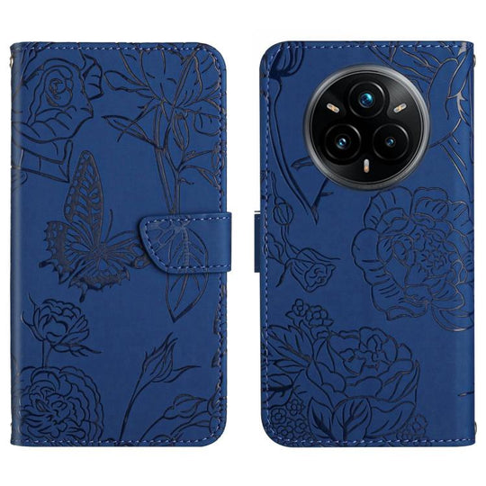 For Realme 14 Pro+ 5G HT03 Skin Feel Butterfly Embossed Flip Leather Phone Case(Blue)