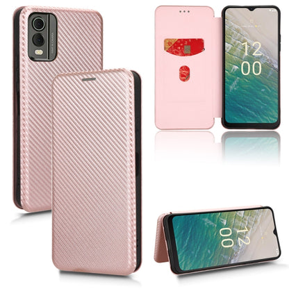 For Nokia C32 Carbon Fiber Texture Flip Leather Phone Case(Pink) by buy2fix