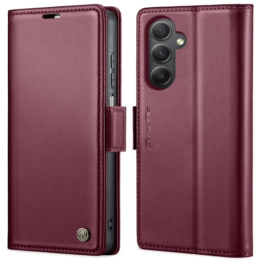 Pour Samsung Galaxy A34 5G CaseMe 023 Boucle Papillon Litchi Texture RFID Étui de téléphone en cuir antivol (vin rouge)