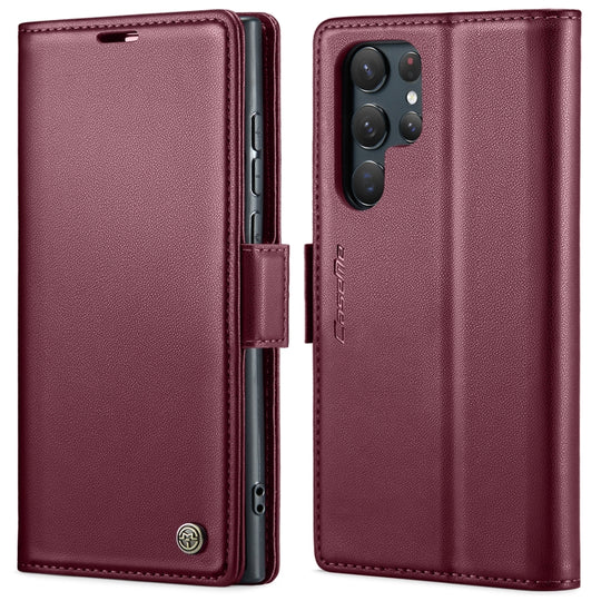 Pour Samsung Galaxy S22 Ultra 5G CaseMe 023 Boucle Papillon Litchi Texture RFID Étui de téléphone en cuir antivol (vin rouge)