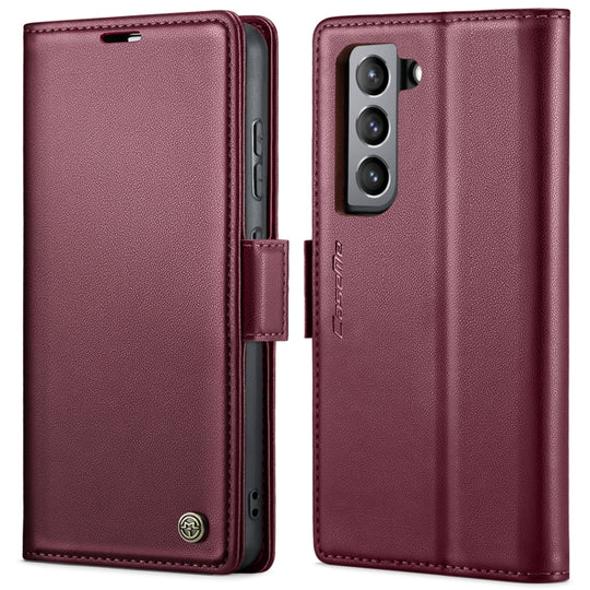For Samsung Galaxy S21 FE 5G CaseMe 023 Butterfly Buckle Litchi Texture RFID Anti-theft Leather Phone Case(Wine Red)
