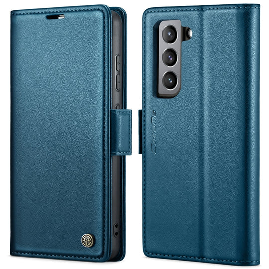 Pour Samsung Galaxy S21 FE 5G CaseMe 023 Boucle Papillon Litchi Texture RFID Étui de téléphone en cuir antivol (Bleu)