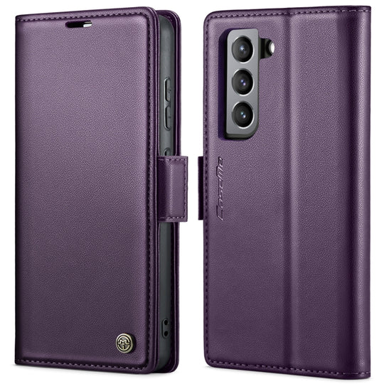 Pour Samsung Galaxy S21 FE 5G CaseMe 023 Boucle Papillon Litchi Texture RFID Étui de téléphone en cuir antivol (violet nacré)