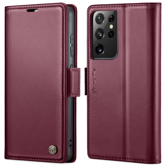 For Samsung Galaxy S21 Ultra 5G CaseMe 023 Butterfly Buckle Litchi Texture RFID Anti-theft Leather Phone Case(Wine Red)