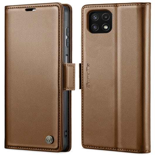For Samsung Galaxy A22 5G CaseMe 023 Butterfly Buckle Litchi Texture RFID Anti-theft Leather Phone Case(Brown) by CaseMe