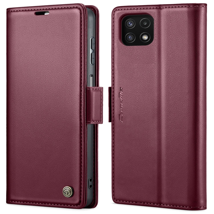 For Samsung Galaxy A22 5G CaseMe 023 Butterfly Buckle Litchi Texture RFID Anti-theft Leather Phone Case(Wine Red) by CaseMe