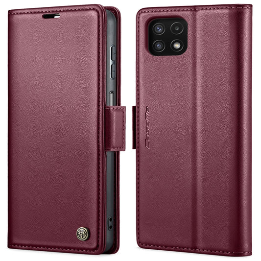 For Samsung Galaxy A22 5G CaseMe 023 Butterfly Buckle Litchi Texture RFID Anti-theft Leather Phone Case(Wine Red) by CaseMe