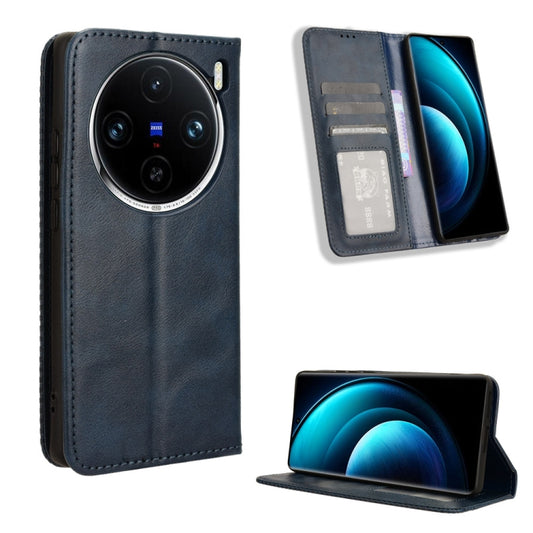 For vivo X100 5G Magnetic Buckle Retro Texture Leather Phone Case(Blue) - vivo Cases by buy2fix | Online Shopping UK | buy2fix