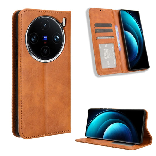 For vivo X100 Pro 5G Magnetic Buckle Retro Texture Leather Phone Case(Brown) - vivo Cases by buy2fix | Online Shopping UK | buy2fix