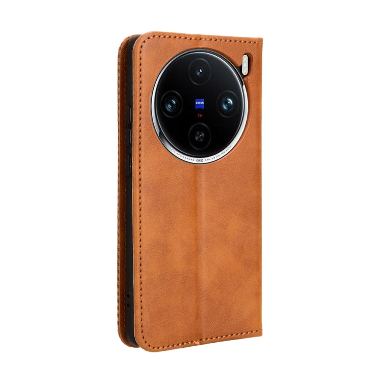 For vivo X100 Pro 5G Magnetic Buckle Retro Texture Leather Phone Case(Brown) - vivo Cases by buy2fix | Online Shopping UK | buy2fix