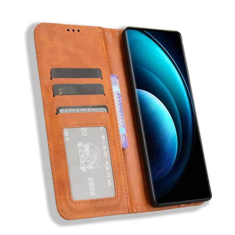For vivo X100 Pro 5G Magnetic Buckle Retro Texture Leather Phone Case(Brown) - vivo Cases by buy2fix | Online Shopping UK | buy2fix