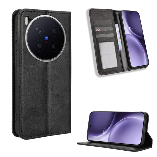 For vivo X300 Pro Magnetic Buckle Retro Texture Leather Phone Case(Black)