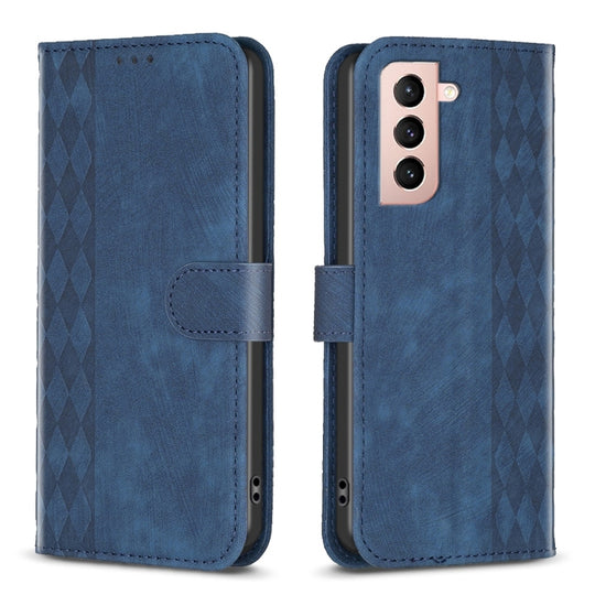 For Samsung Galaxy S21+ 5G Plaid Embossed Leather Phone Case(Blue)