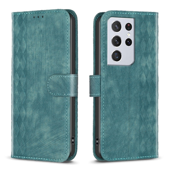 For Samsung Galaxy S21 Ultra 5G Plaid Embossed Leather Phone Case(Green)