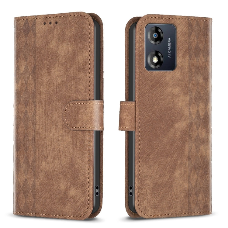 For Motorola Moto E13 4G Plaid Embossed Leather Phone Case(Brown) by buy2fix