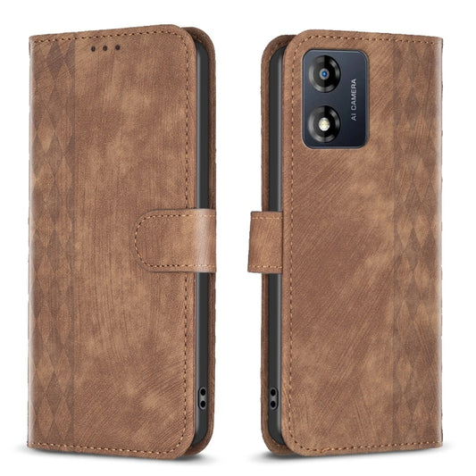 For Motorola Moto E13 4G Plaid Embossed Leather Phone Case(Brown) by buy2fix