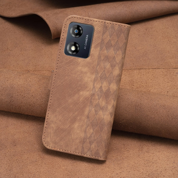 For Motorola Moto E13 4G Plaid Embossed Leather Phone Case(Brown) by buy2fix