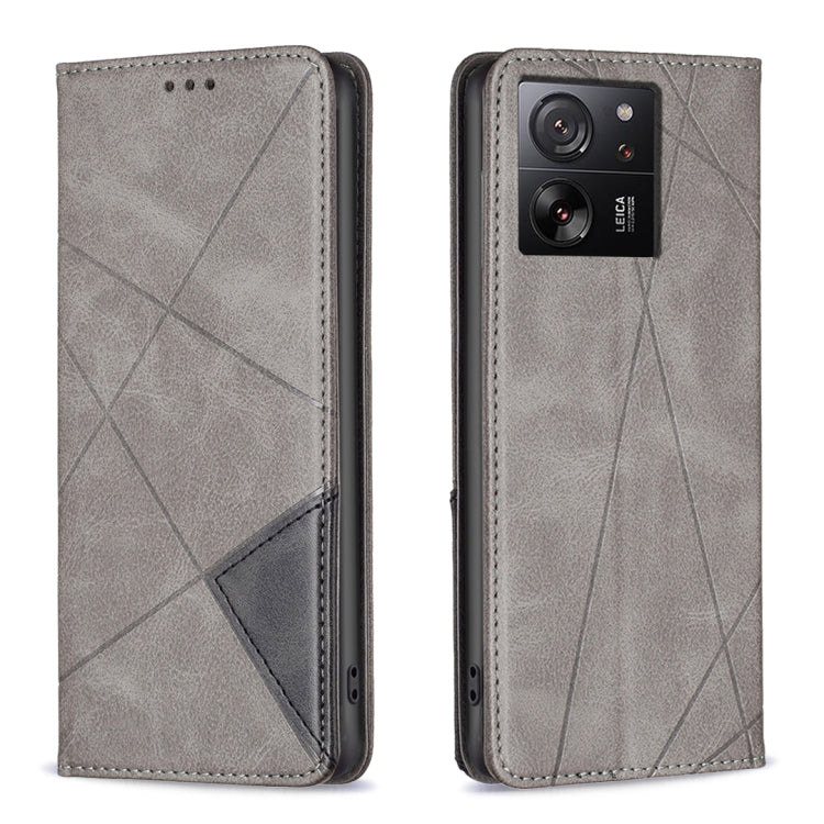 For Xiaomi 13T / 13T Pro / Redmi K60 Ultra Rhombus Texture Magnetic Leather Phone Case(Grey) - Xiaomi Cases by buy2fix | Online Shopping UK | buy2fix