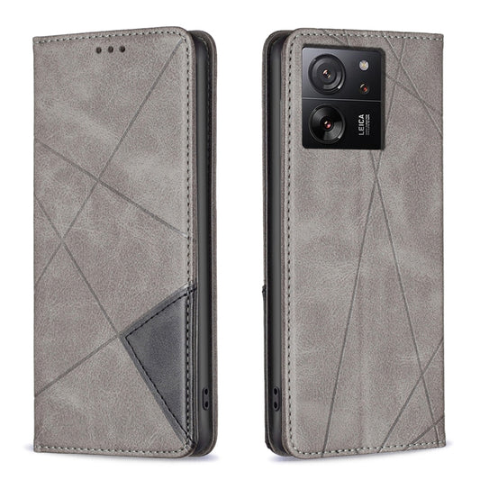 For Xiaomi 13T / 13T Pro / Redmi K60 Ultra Rhombus Texture Magnetic Leather Phone Case(Grey) - Xiaomi Cases by buy2fix | Online Shopping UK | buy2fix