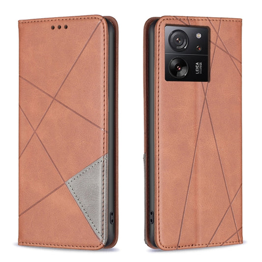 For Xiaomi 13T / 13T Pro / Redmi K60 Ultra Rhombus Texture Magnetic Leather Phone Case(Brown) - Xiaomi Cases by buy2fix | Online Shopping UK | buy2fix