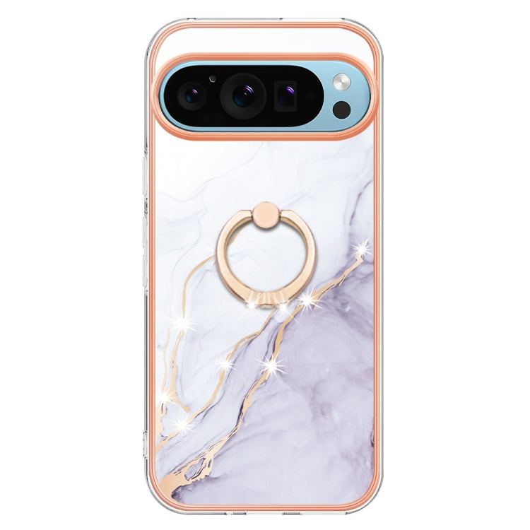 For Google Pixel 9 / 9 Pro Electroplating Marble IMD TPU Phone Case with Ring Holder(White 006) by buy2fix