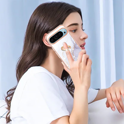 For Google Pixel 9 / 9 Pro Electroplating Marble IMD TPU Phone Case with Ring Holder(White 006) by buy2fix