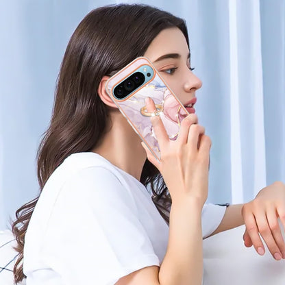 For Google Pixel 9 / 9 Pro Electroplating Marble IMD TPU Phone Case with Ring Holder(Rose Gold 005) by buy2fix