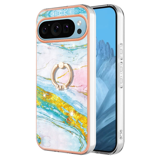 For Google Pixel 9 / 9 Pro Electroplating Marble IMD TPU Phone Case with Ring Holder(Green 004) by buy2fix