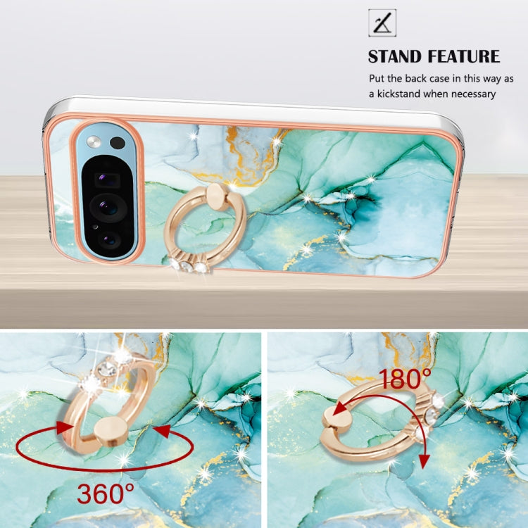 For Google Pixel 9 / 9 Pro Electroplating Marble IMD TPU Phone Case with Ring Holder(Green 003) by buy2fix