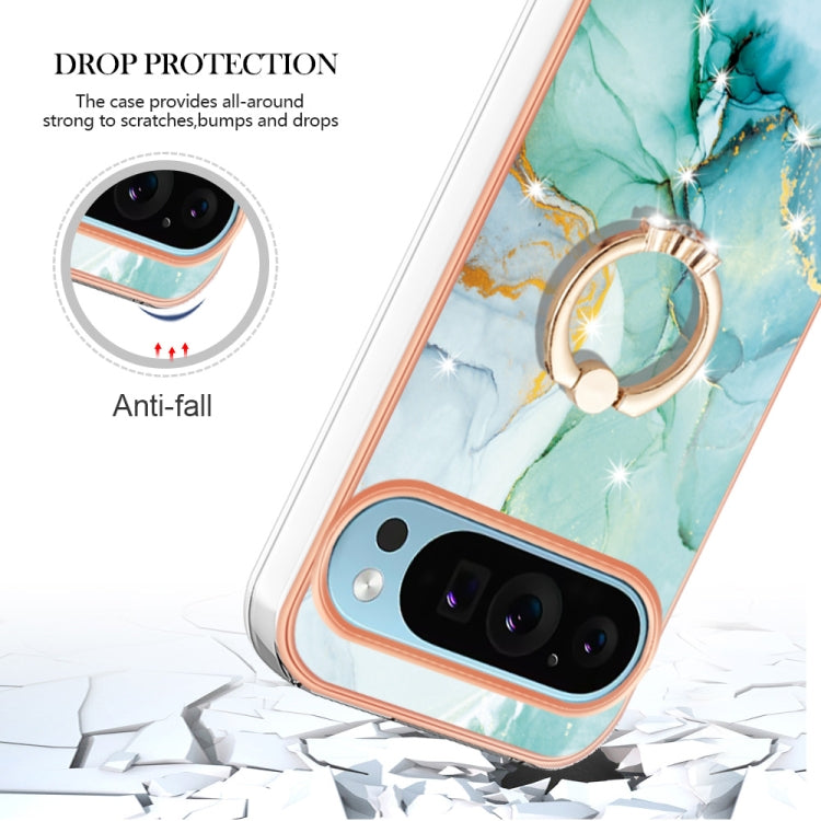 For Google Pixel 9 / 9 Pro Electroplating Marble IMD TPU Phone Case with Ring Holder(Green 003) by buy2fix