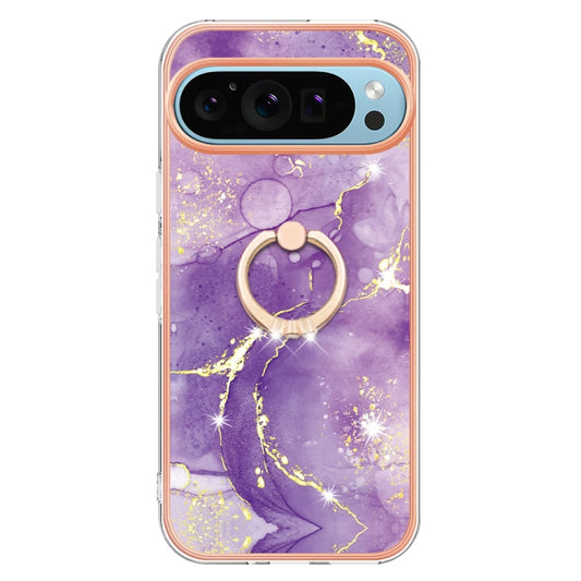 For Google Pixel 9 / 9 Pro Electroplating Marble IMD TPU Phone Case with Ring Holder(Purple 002) by buy2fix