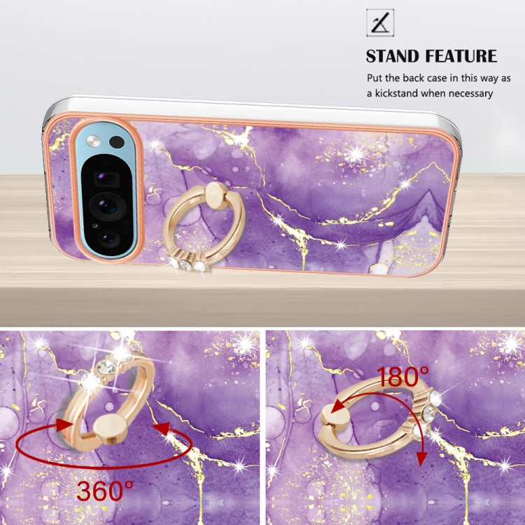 For Google Pixel 9 / 9 Pro Electroplating Marble IMD TPU Phone Case with Ring Holder(Purple 002) by buy2fix