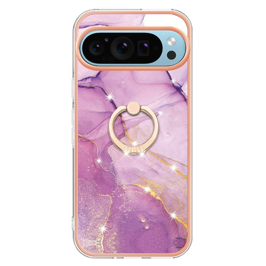 For Google Pixel 9 / 9 Pro Electroplating Marble IMD TPU Phone Case with Ring Holder(Purple 001) by buy2fix